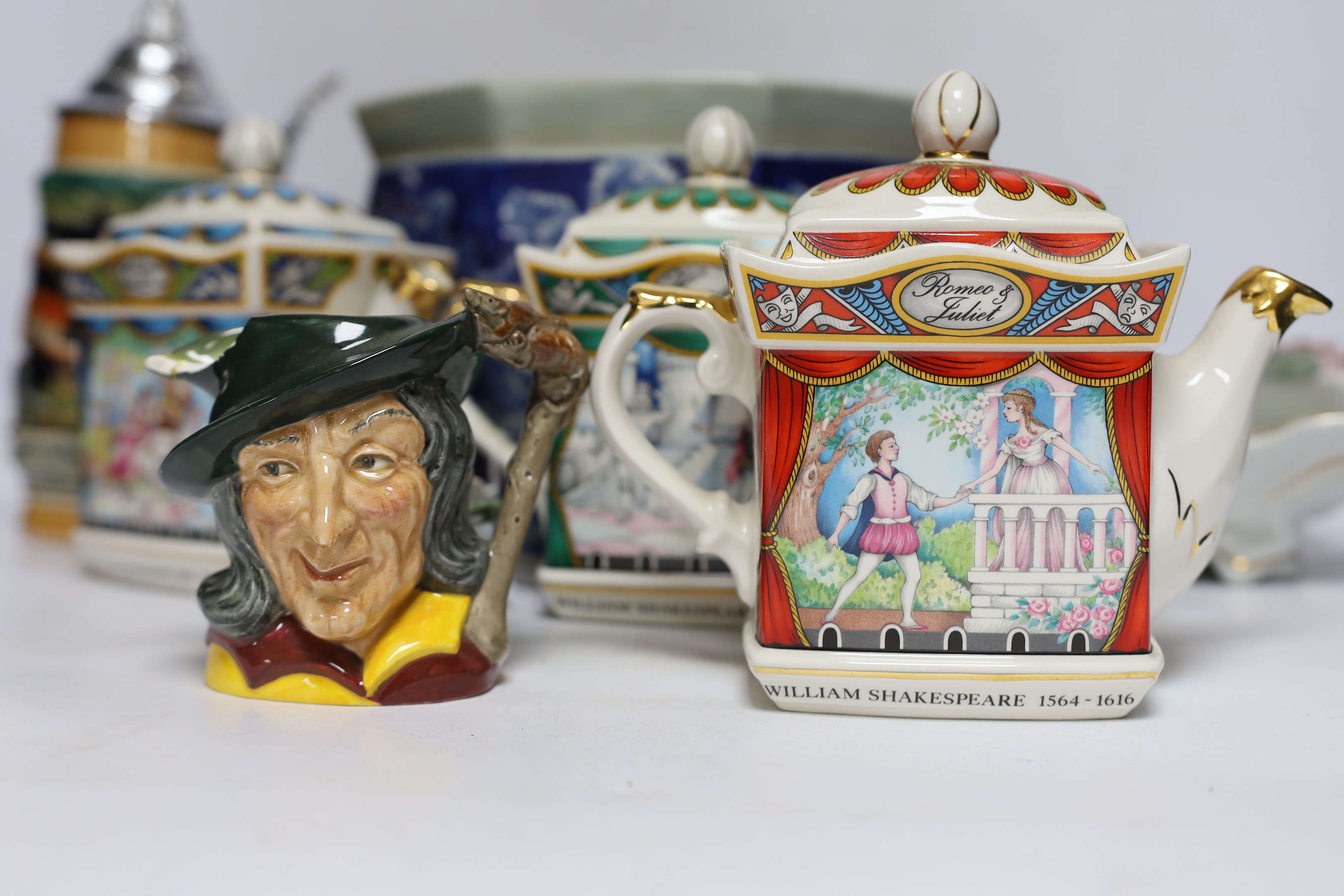 Three Sadler pottery teapots, a blue and white Chinese jardiniere, etc. (8)